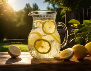 A glass pitcher of ice-cold lemonade with lemon slices and condensation glistens in the sun on a breezy summer afternoon, capturing the essence of refreshment and sunshine.