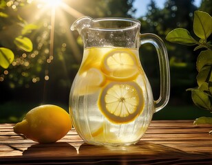 A glass pitcher of ice-cold lemonade with lemon slices and condensation glistens in the sun on a breezy summer afternoon, capturing the essence of refreshment and sunshine.