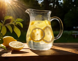 A glass pitcher of ice-cold lemonade with lemon slices and condensation glistens in the sun on a breezy summer afternoon, capturing the essence of refreshment and sunshine.
