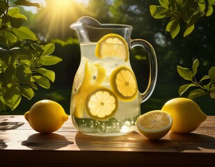 A glass pitcher of ice-cold lemonade with lemon slices and condensation glistens in the sun on a breezy summer afternoon, capturing the essence of refreshment and sunshine.