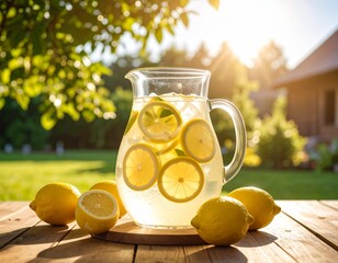 A glass pitcher of ice-cold lemonade with lemon slices and condensation glistens in the sun on a breezy summer afternoon, capturing the essence of refreshment and sunshine.