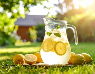 A glass pitcher of ice-cold lemonade with lemon slices and condensation glistens in the sun on a breezy summer afternoon, capturing the essence of refreshment and sunshine.