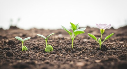Sprout progression from seed to flower in rich soil against bright background