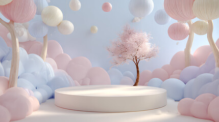 Whimsical pastel wonderland with blooming tree and floating orbs dreamlike