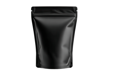 A matte black, zippered pouch, front view, isolated on black