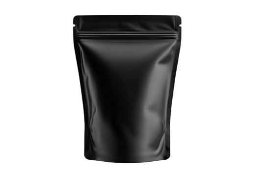 A matte black, zippered pouch, front view, isolated on black