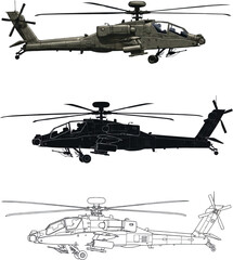 AH-64 Apache Helicopter: 3 Unique Styles – Realistic Color, Bold Silhouette & Technical Line Art | Military Aircraft Vector Art