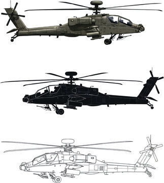 AH-64 Apache Helicopter: 3 Unique Styles &ndash; Realistic Color, Bold Silhouette & Technical Line Art | Military Aircraft Vector Art
