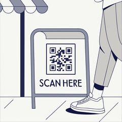 QR code sign encouraging scanning with person walking nearby  