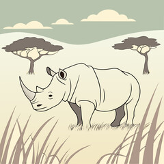 Fototapeta premium Rhinoceros standing in the grassland with trees and clouds in background 