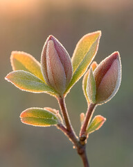 Close-up of magnolia tree buds and leaves in soft sunlight.