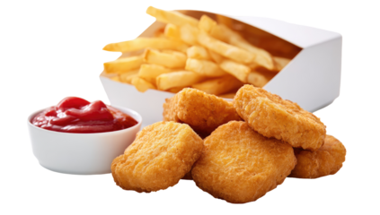 Crispy fried chicken nuggets and french fries with ketchup