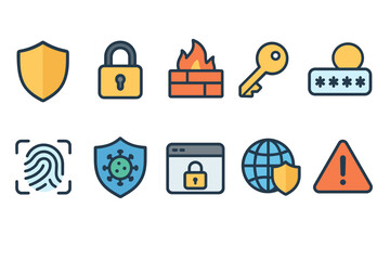 Cybersecurity Icons Collection: Shield, Padlock, Firewall, Authentication, and Antivirus Symbols