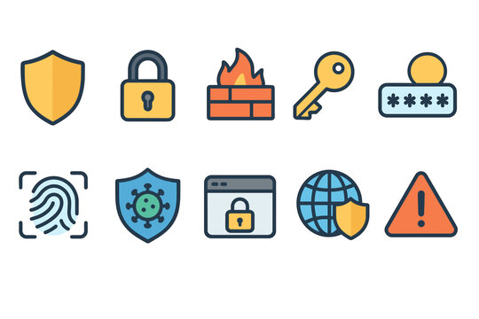 Cybersecurity Icons Collection: Shield, Padlock, Firewall, Authentication, and Antivirus Symbols