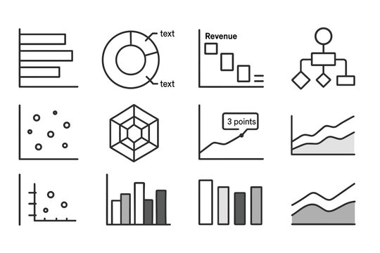 Collection of twelve monochromatic chart and diagram icons including bar, line, and scatter plots
