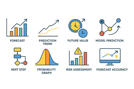 Data Analysis and Predictive Modeling Icons Set with Forecast, Risk, and Probability Graphs