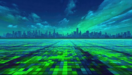 Futuristic city skyline at sunset, glowing digital field,  promotional use