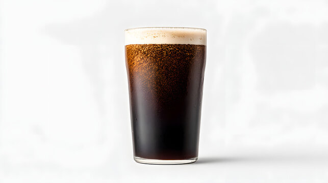 Transparent Pint Glass Filled with Nitro Cold Brew Coffee on a Light Background