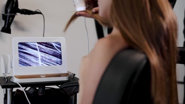 Hairdresser using trichoscopy machine to examine customer's hair health in beauty salon
