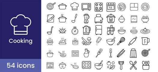 Cooking and kitchen icon set with 54 line illustrations including food, chef, utensil, equipment, and recipe symbols for restaurant and culinary arts
