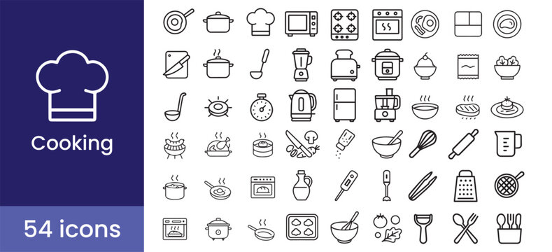 Cooking and kitchen icon set with 54 line illustrations including food, chef, utensil, equipment, and recipe symbols for restaurant and culinary arts