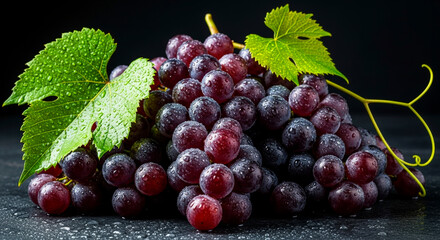 Fresh Red Grapes with Water Droplets on Dark Background