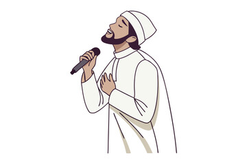 Muslim pilgrim with backpack points towards a beautiful mosque on a sunny day