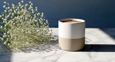 Serene Coffee Cup on Marble Surface with Delicate White Flowers