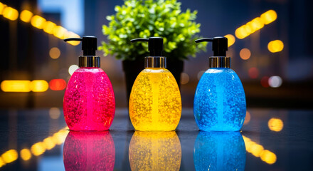 Colorful Liquid Soap Bottles with Pump on Reflective Surface