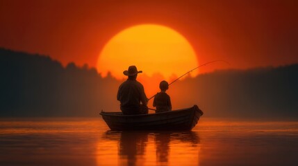 Two individuals are seated in a small boat, fishing peacefully on a calm body of water during sunset. The vibrant orange sun creates a serene backdrop, highlighting their bonding moment