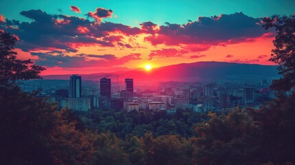 Vibrant sunset over city skyline framed by trees