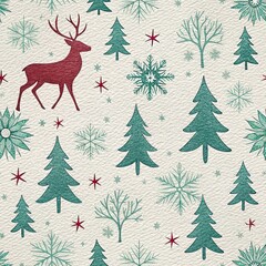 Winter pattern featuring reindeer, snowflakes, and evergreen trees in a festive design