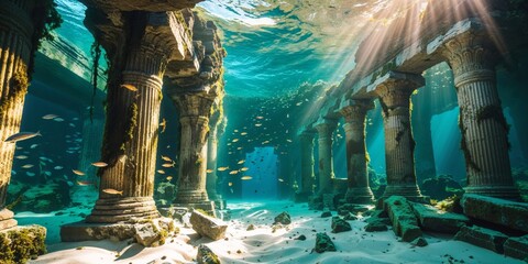 Ancient underwater ruins, sunlight filtering through the water with columns and fish swimming around.