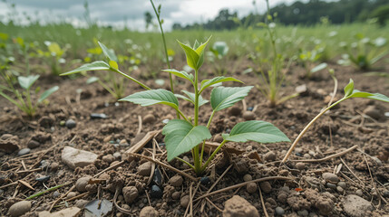 A young Withania plant in the field, showing the characteristics of dicotyledonous plants