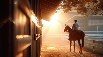 A rider on horseback enjoys the golden hour, with the sun casting a warm glow on the stable.