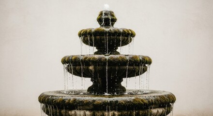 Three-tiered stone fountain with water cascading down, moss covered