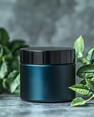 Dark teal cosmetic jar with black lid, flanked by green leaves on a gray surface.