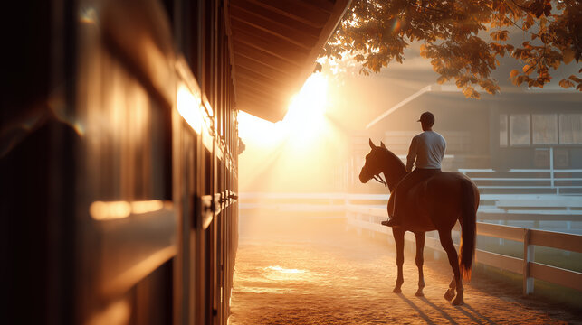 A rider on horseback enjoys the golden hour, with the sun casting a warm glow on the stable. - Powered by Adobe