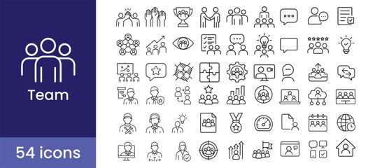 Fototapeta premium Team and business icon set with 54 line illustrations including collaboration, people, management, leadership, communication, group, strategy, and success symbols for corporate teamwork.