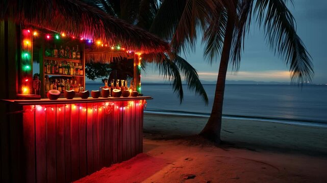 Tropical island at night, vibrant beach tiki bar illuminated with colorful lights, savor delicious coconut drinks, and breathtaking ocean views as dusk settles over exotic paradis