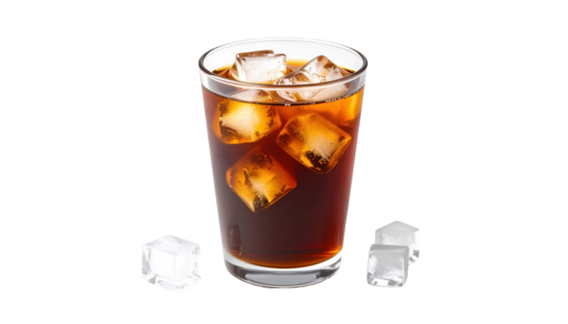 Cold brew coffee in transparent cup with ice on white background simple style png