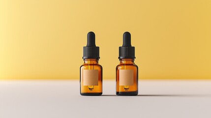 Two amber dropper bottles, simple labels, on clean off-white surface