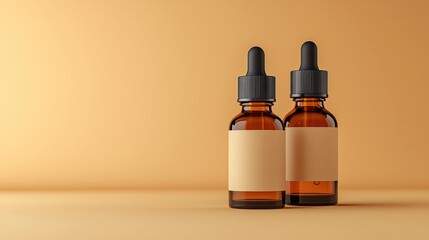Two amber bottles with dropper caps stand against a warm, neutral backdrop