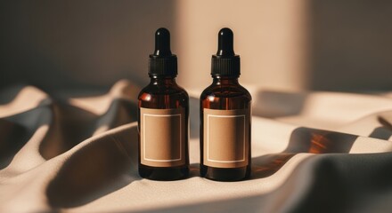 Two amber dropper bottles on cream fabric with soft lighting