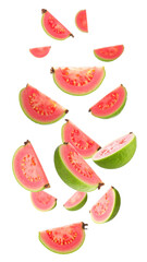 flying on air dynamic Juicy guava slices on white background png