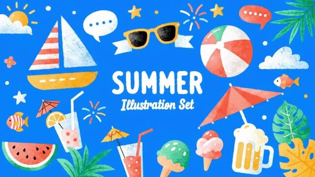 Set of summer holiday elements and decorations. Hello summer art and craft style beach clipart designs ornament banner, poster. 