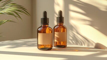 Two brown dropper bottles with beige labels in sunlight, plant shadows