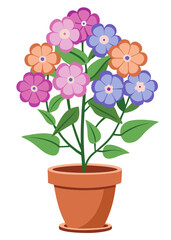 Illustration of colorful potted flowers, floral arrangement, botanical art, spring blossom design