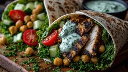 Two wraps with grilled chicken, chickpeas, veggies, and sauce on a board