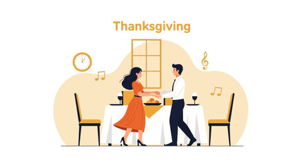 Dancing Couple Celebrating Thanksgiving Dinner With Family On Festive Holiday